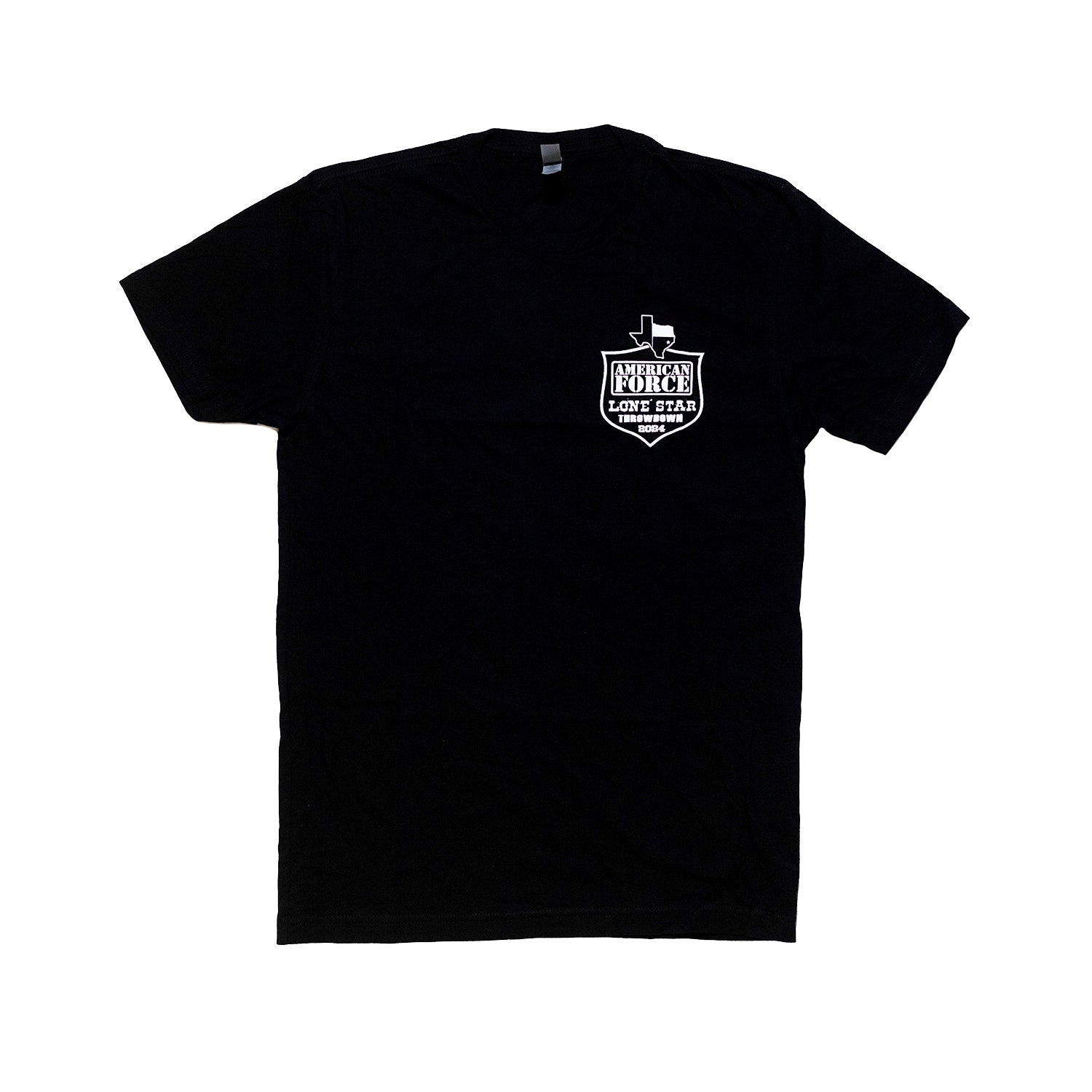 Black lightweight short sleeve tee with white American Force Lone Star ThrownDown 2024 logo on front chest.
