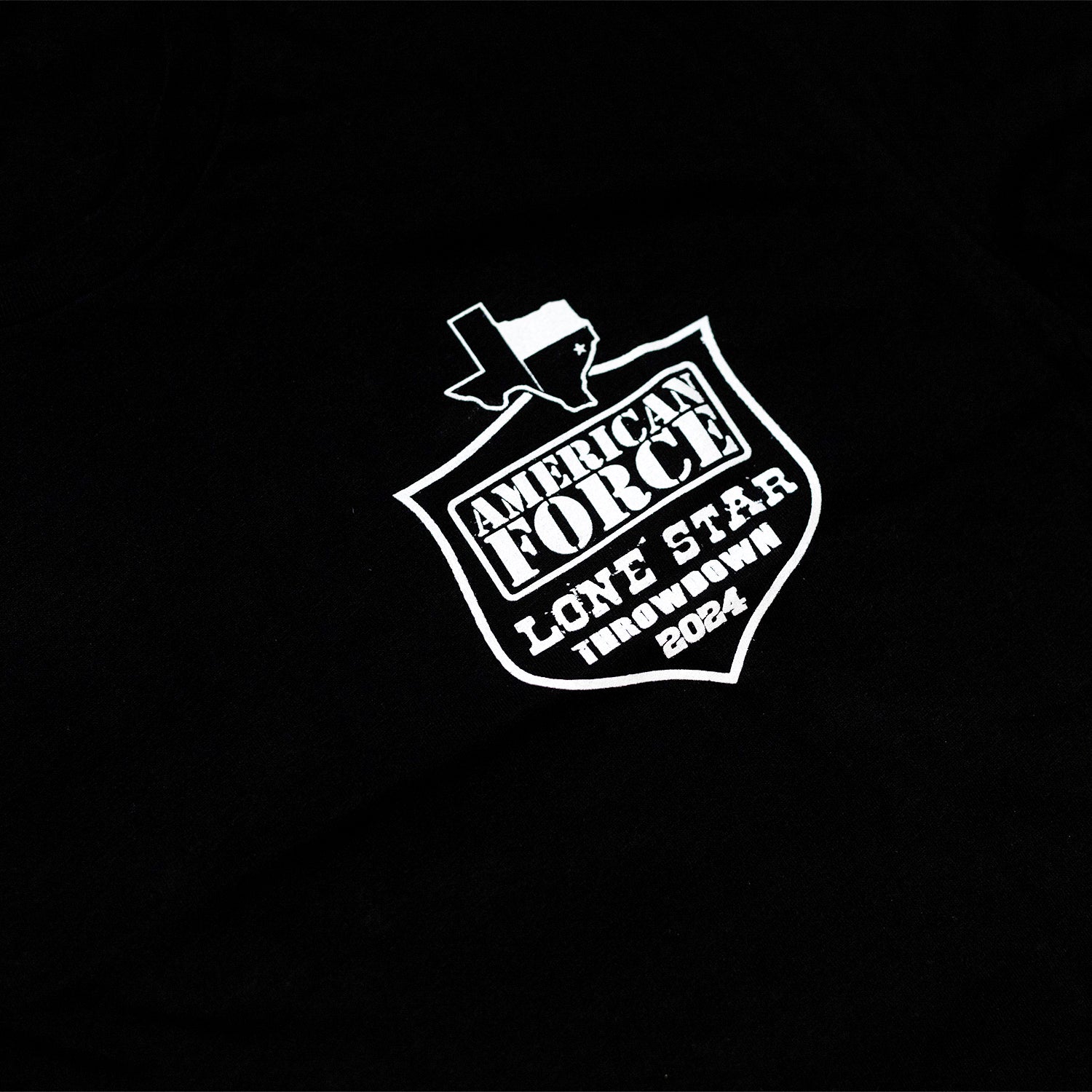 Black short sleeve tee with white "American Force Lone Star Throwdown 2024" logo featuring a Texas outline and star.