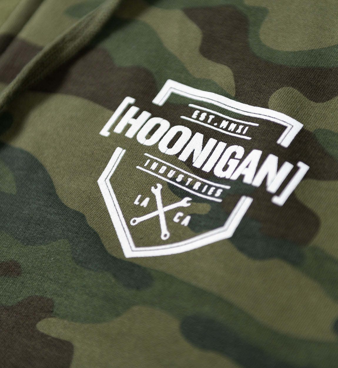 Hoonigan BRACKET X CAMO Zip Hoodie featuring a camouflage pattern with the Hoonigan logo on the chest.