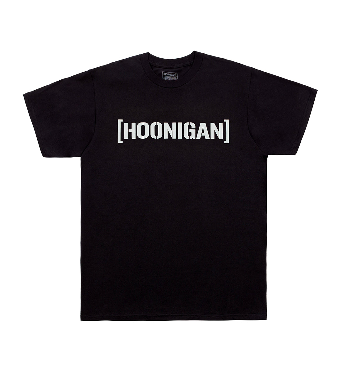 Black Hoonigan short sleeve T-shirt with "[HOONIGAN]" logo and censor bar design on the front.