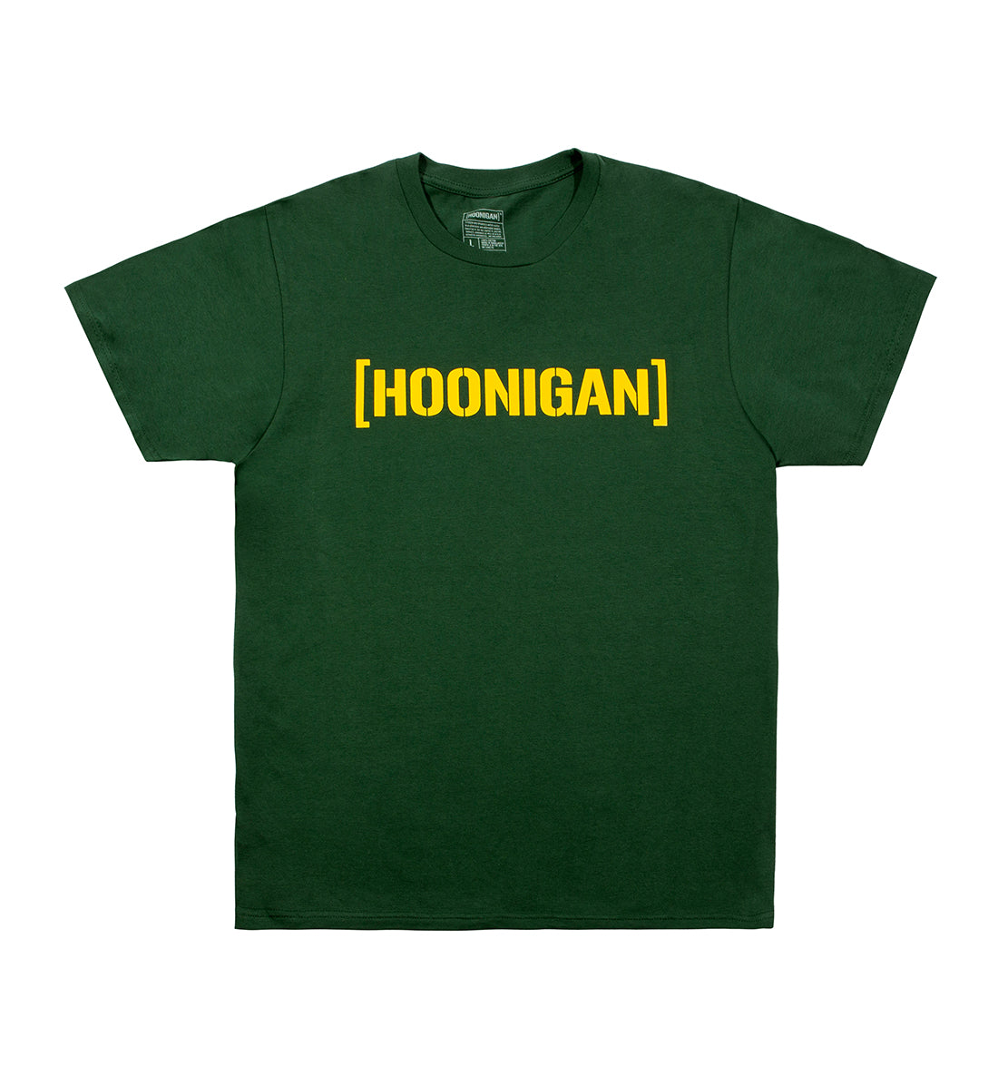 Green short sleeve T-shirt with "[HOONIGAN]" in bold yellow text inside brackets on the front.