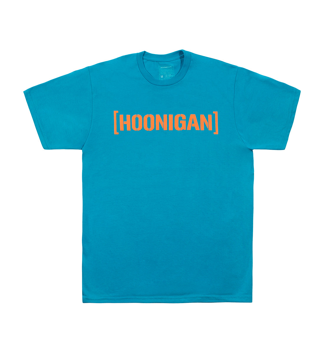 Blue Hoonigan short sleeve t-shirt with orange "[HOONIGAN]" logo and bracket design on front.