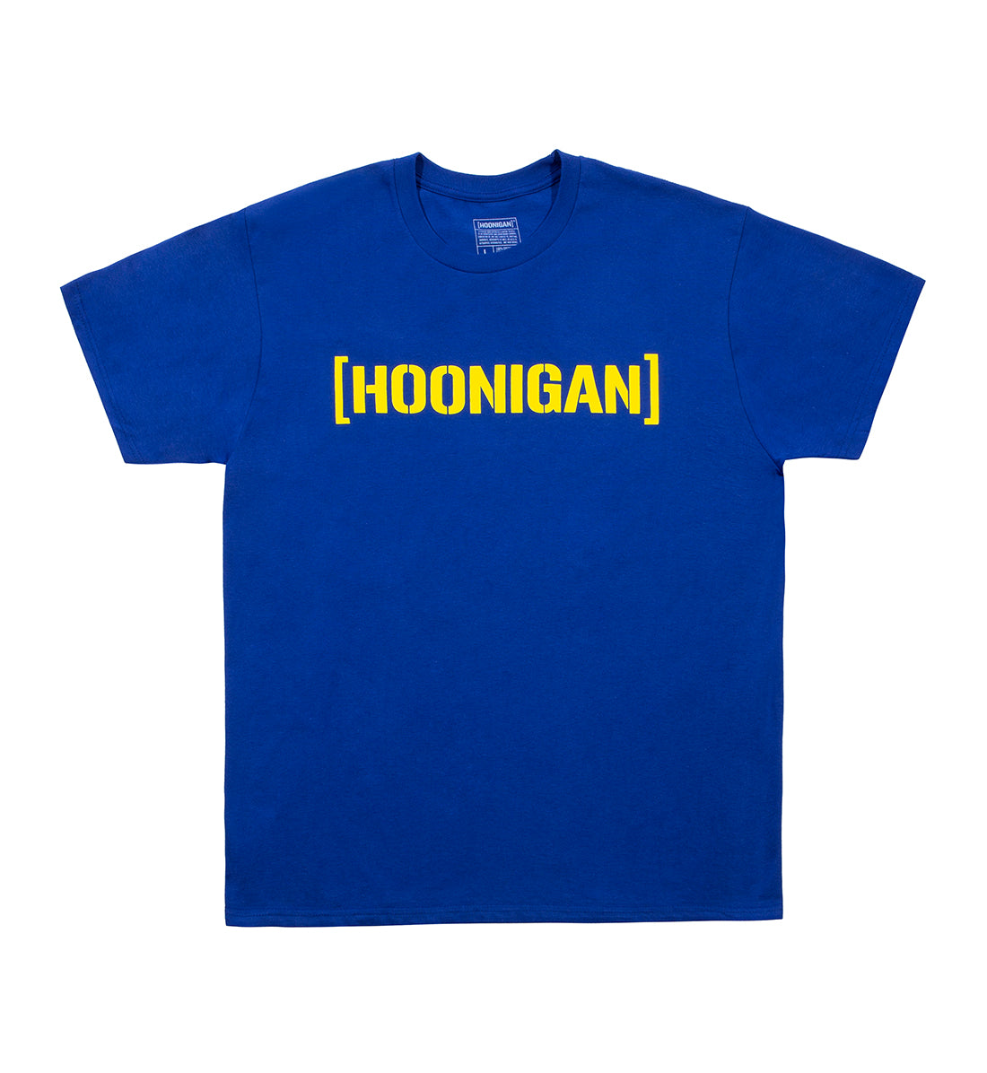 Blue Hoonigan short sleeve tee with bold yellow "[HOONIGAN]" text inside brackets on the front.