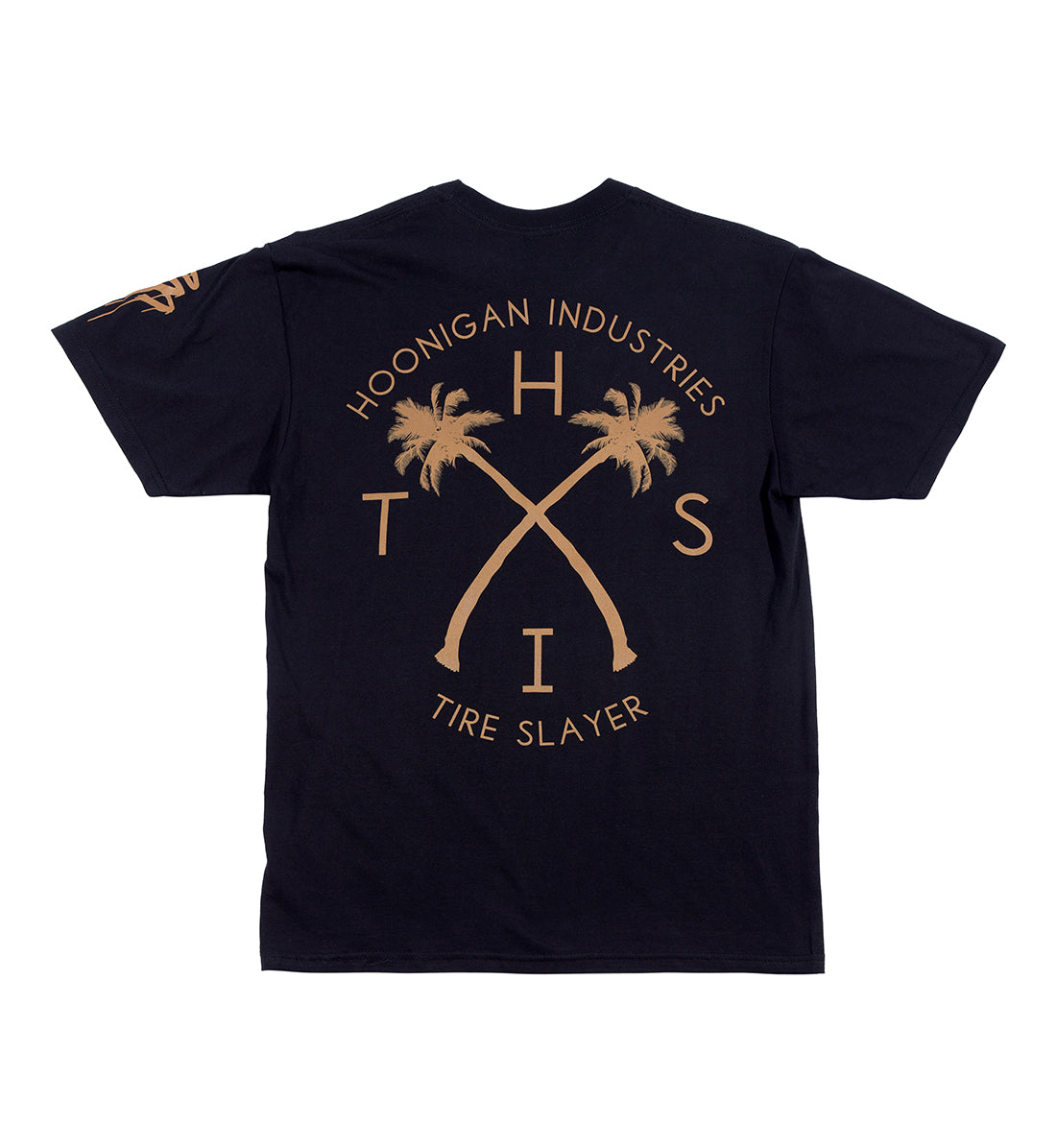 Black Hoonigan GYMKHANA7 HITS short sleeve tee with tan graphic of crossed palm trees, text, and logo on the back.