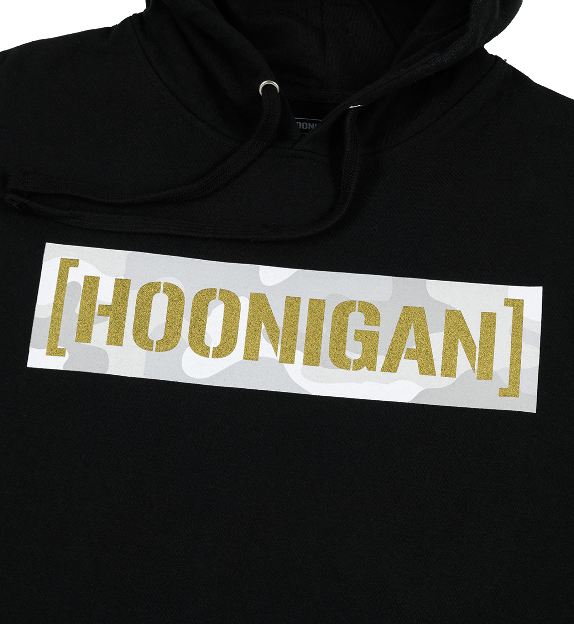Black hoodie with a white and gold "HOONIGAN" logo and snow camo pattern, featuring a censor bar design on the front.
