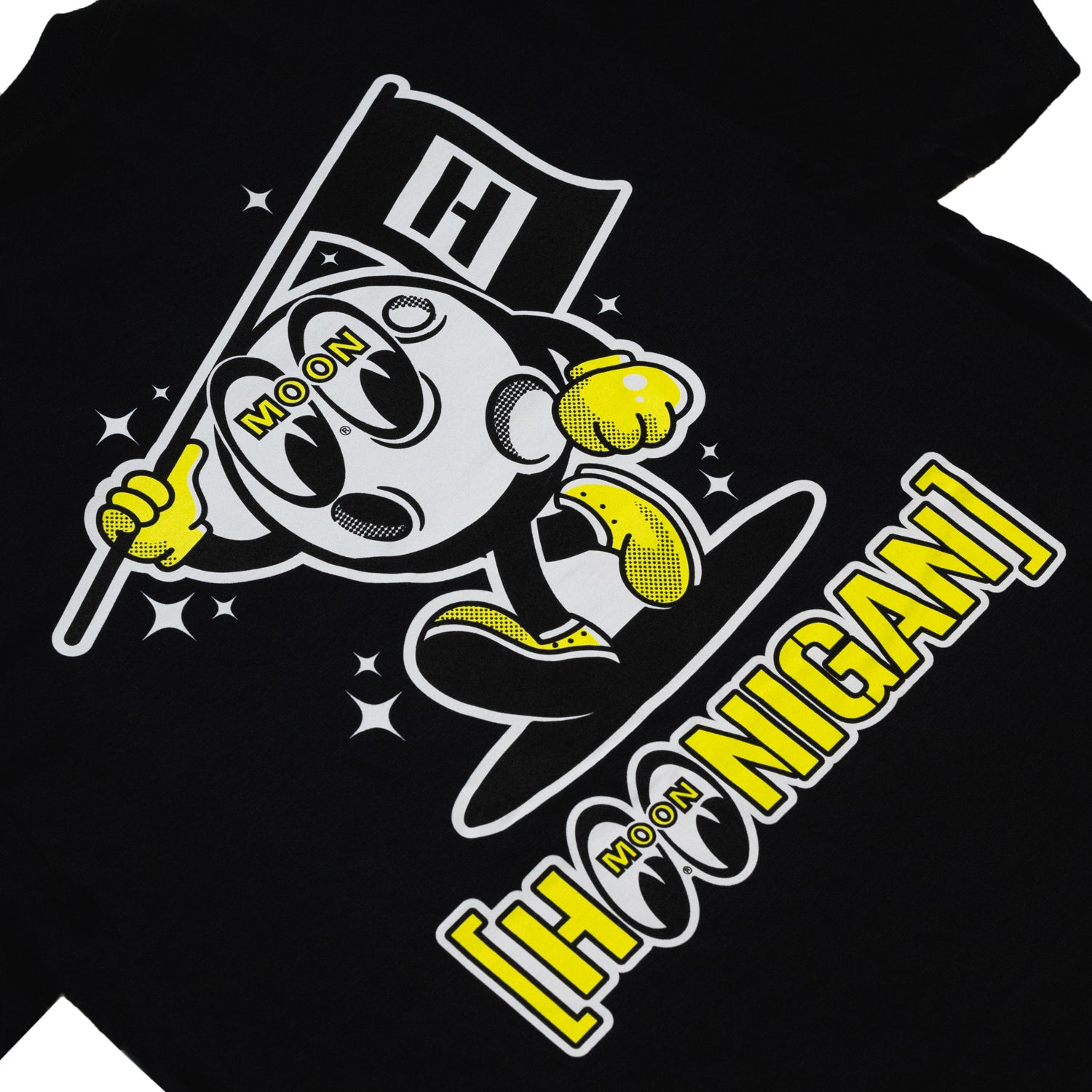Black short sleeve tee featuring Hoonigan x Mooneyes mascot graphic on the front.