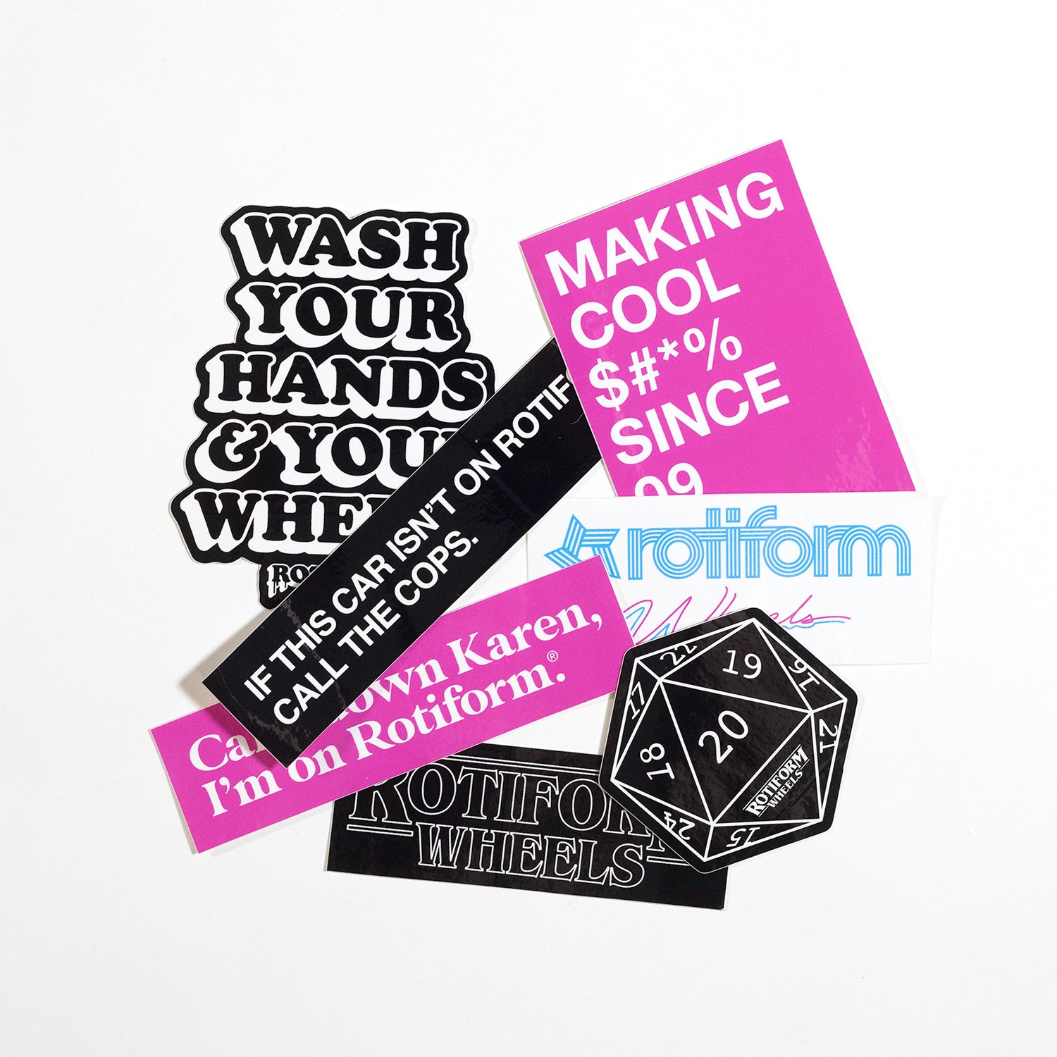Collection of colorful Rotiform sticker pack including slogans, logos, and a 20-sided die design on a white background.