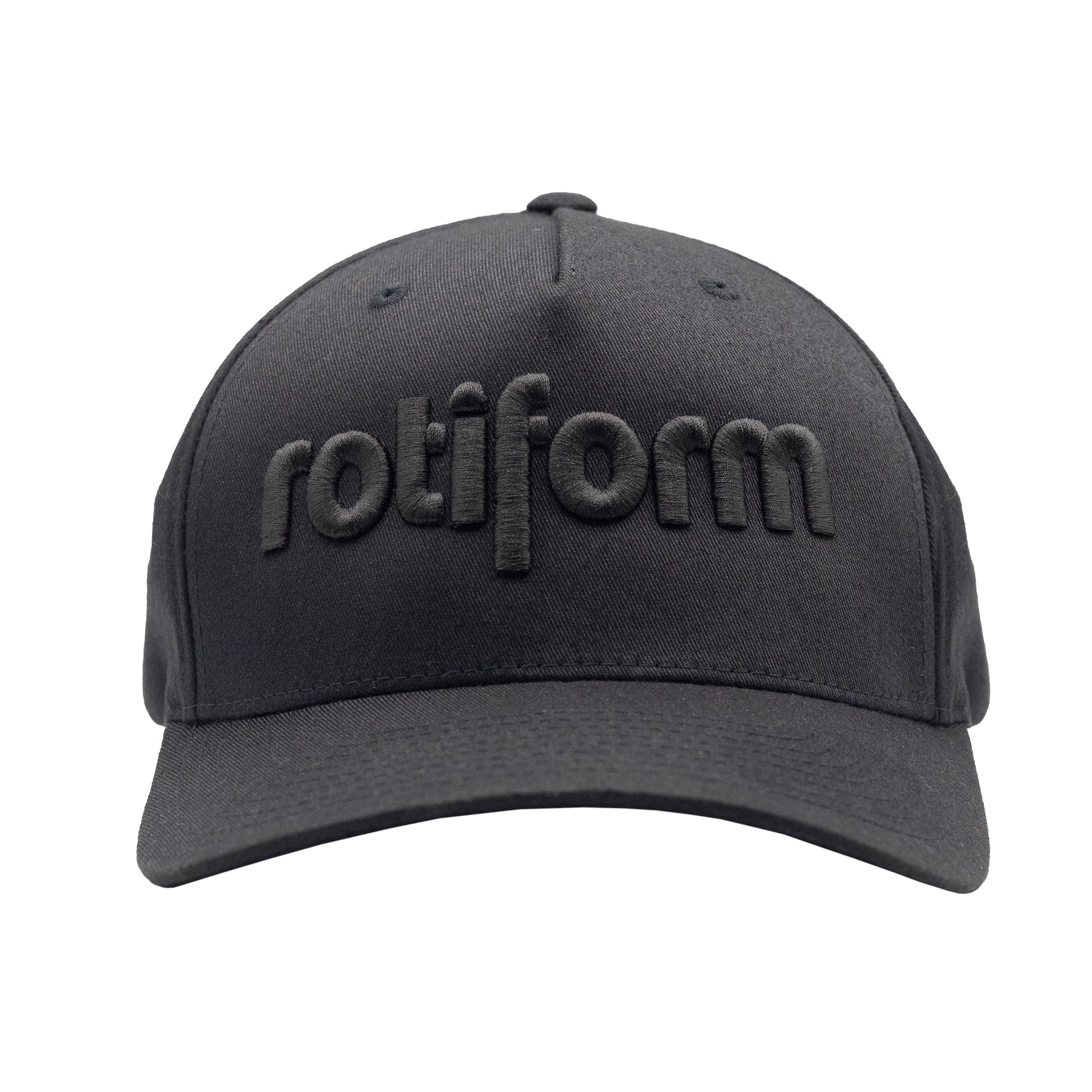Black Rotiform LOGO Curved FlexFit Hat with embroidered logo on front and adjustable curved brim.