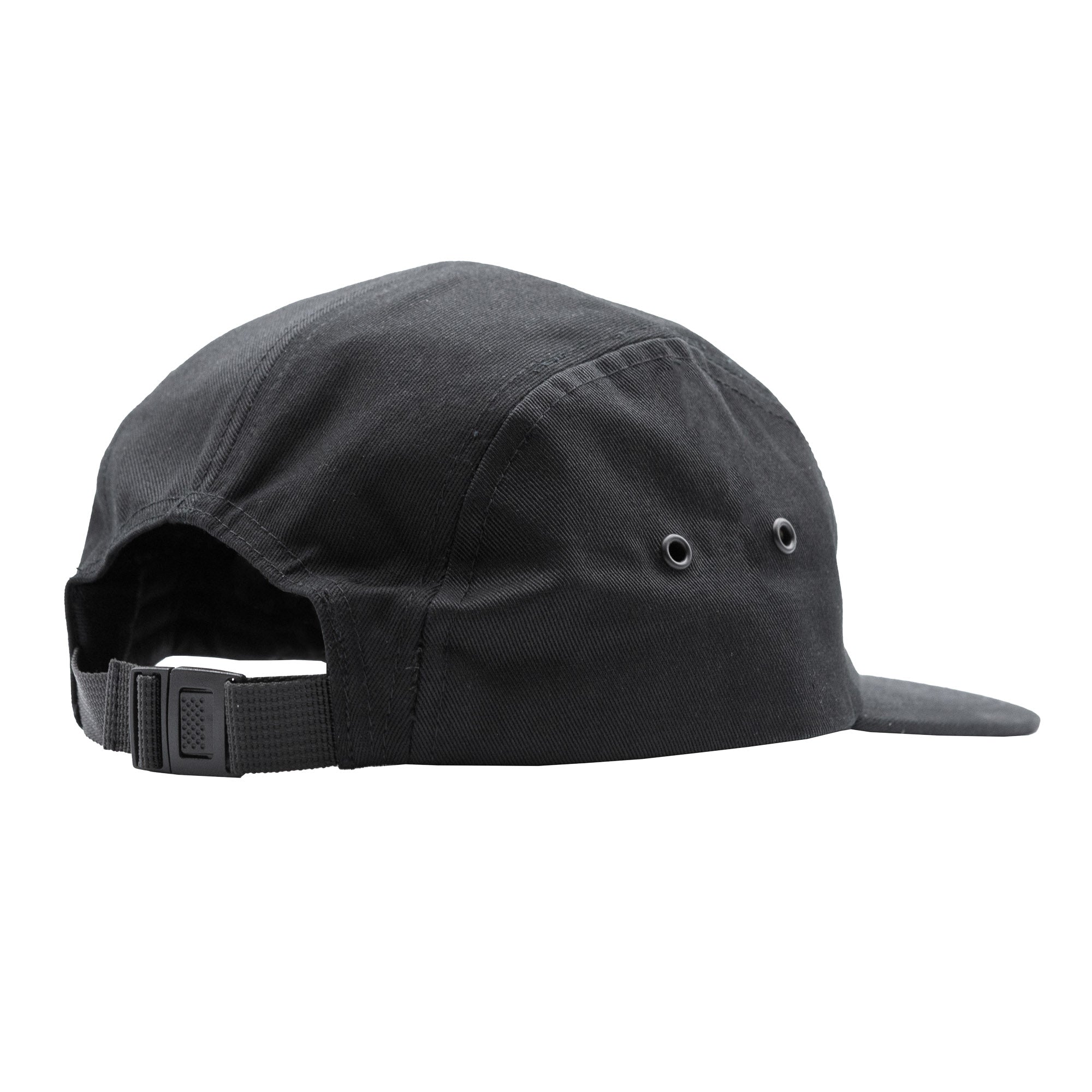 Unstructured black strapback hat featuring a simple design, perfect for motorsport enthusiasts and casual wear.
