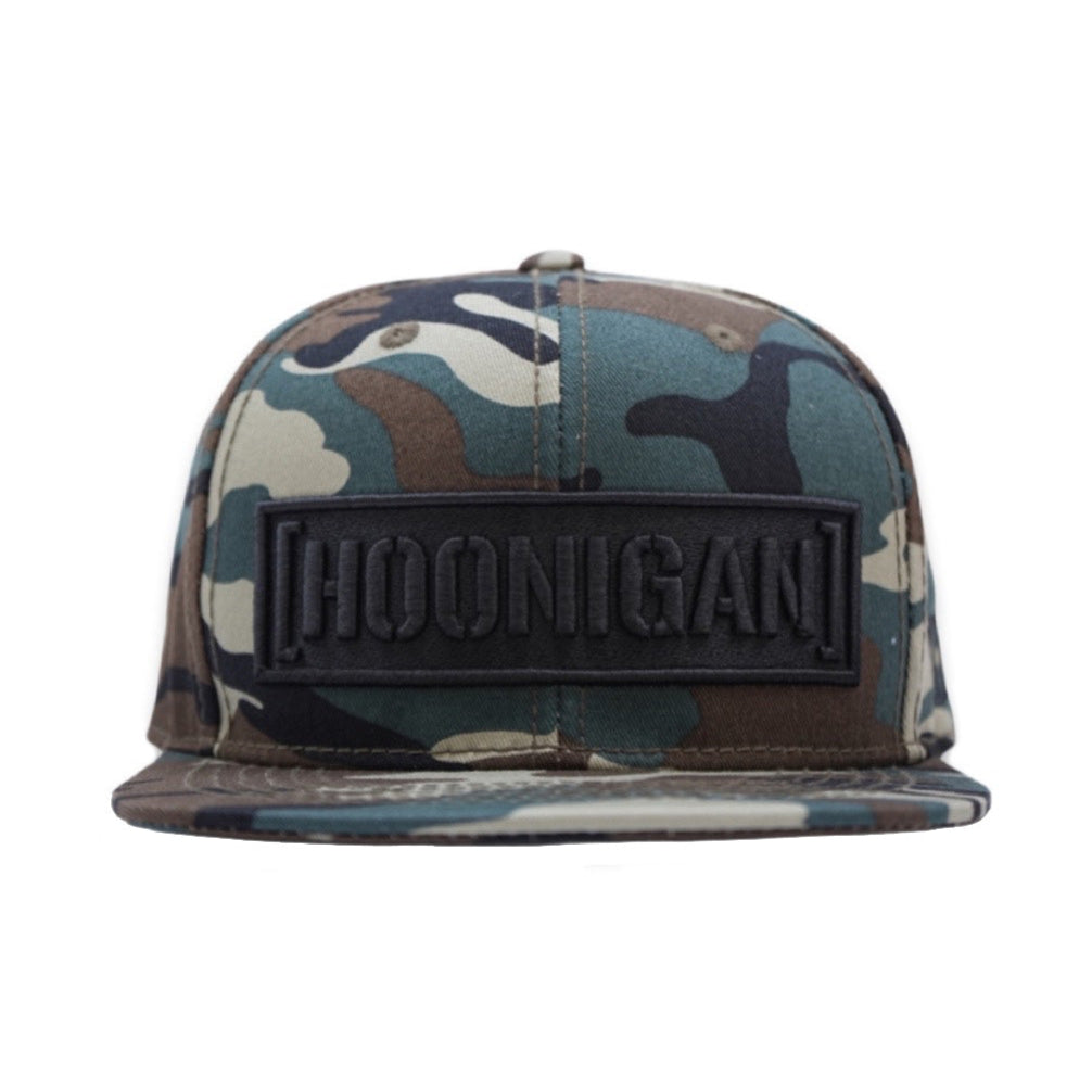 Hoonigan CENSOR BAR Snapback Hat in camouflage with black peak and logo.