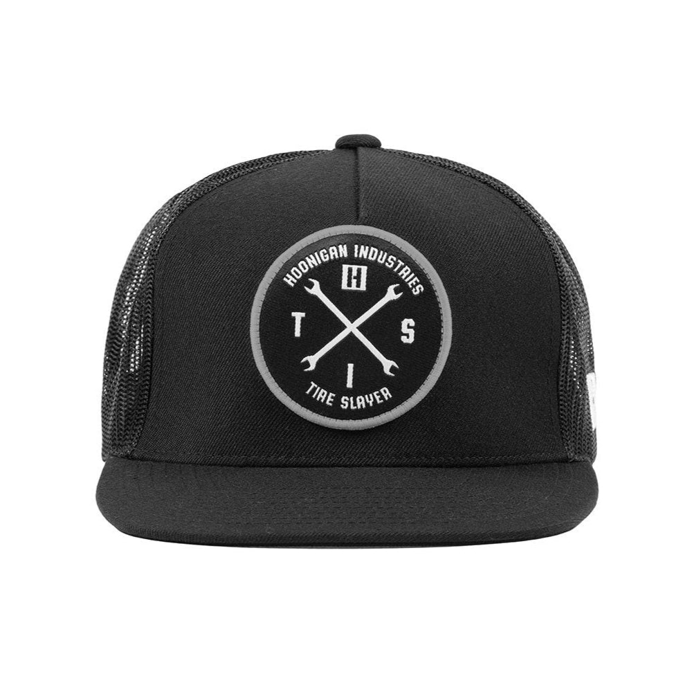 Hoonigan HITS v2 trucker hat in black and gray with a mesh back and logo patch on the front.