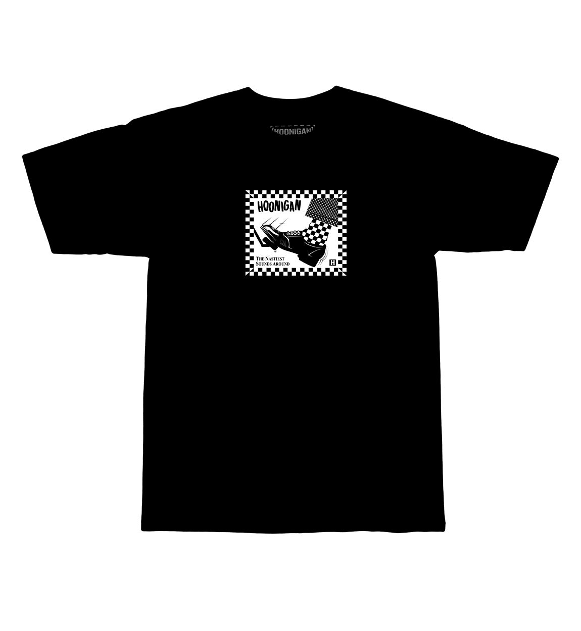 Black short sleeve T-shirt featuring a graphic design with the text "HOONIGAN" and a checkered pattern, part of the Jon Chase Signature Series.