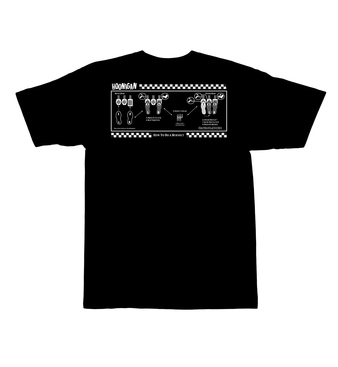 Black Jon Chase Signature Series "How To" short sleeve tee featuring a graphic print of a step-by-step guide on performing a burnout.