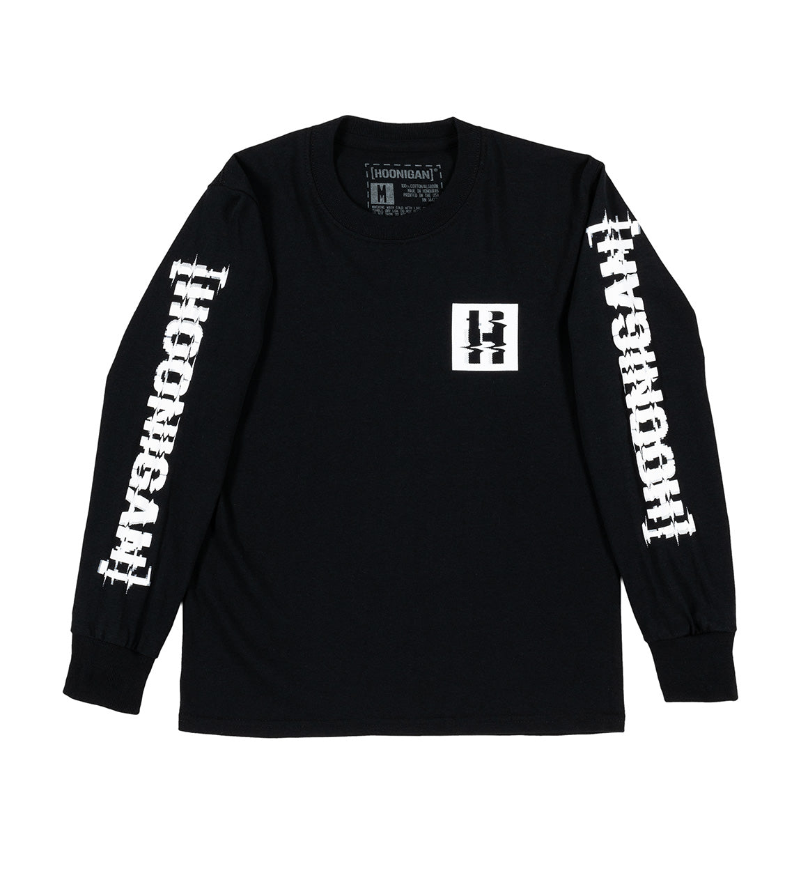 Black long sleeve T-shirt with "HOODRICH" printed in white on both sleeves and a "GLITCH BRACKET" logo on the chest.