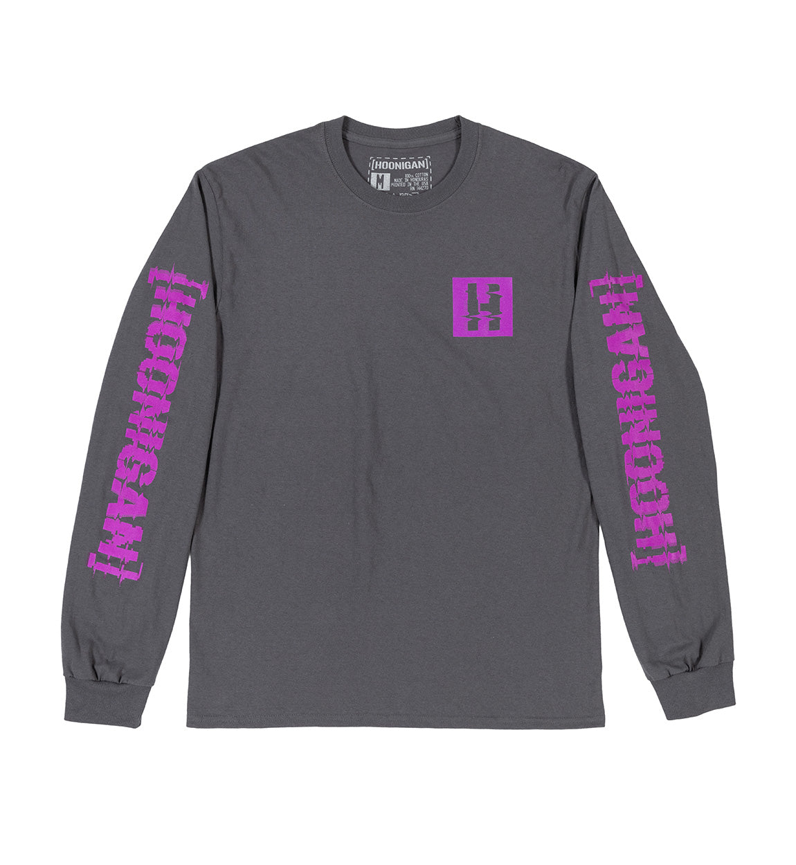 Gray long sleeve tee with purple "HOONIGAN" text on sleeves and a purple glitch-style logo on the chest.