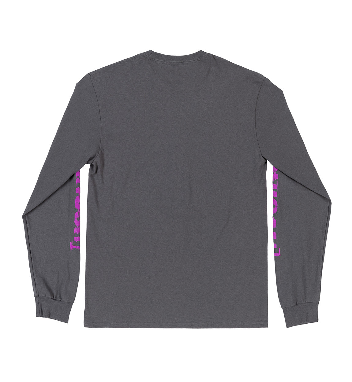 Gray long sleeve tee with "GLITCH BRACKET" printed in purple on the sleeves, featuring a casual fit and ribbed cuffs.
