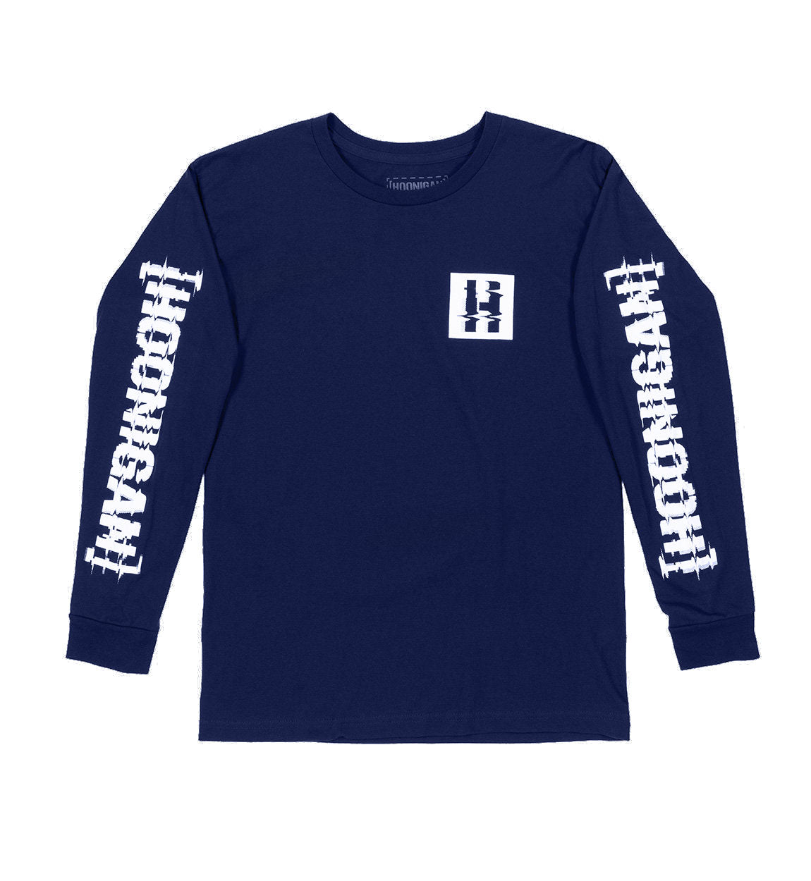 Navy blue long sleeve tee with "HOURS" printed in white on both sleeves and a glitch-style "13" logo on the chest.