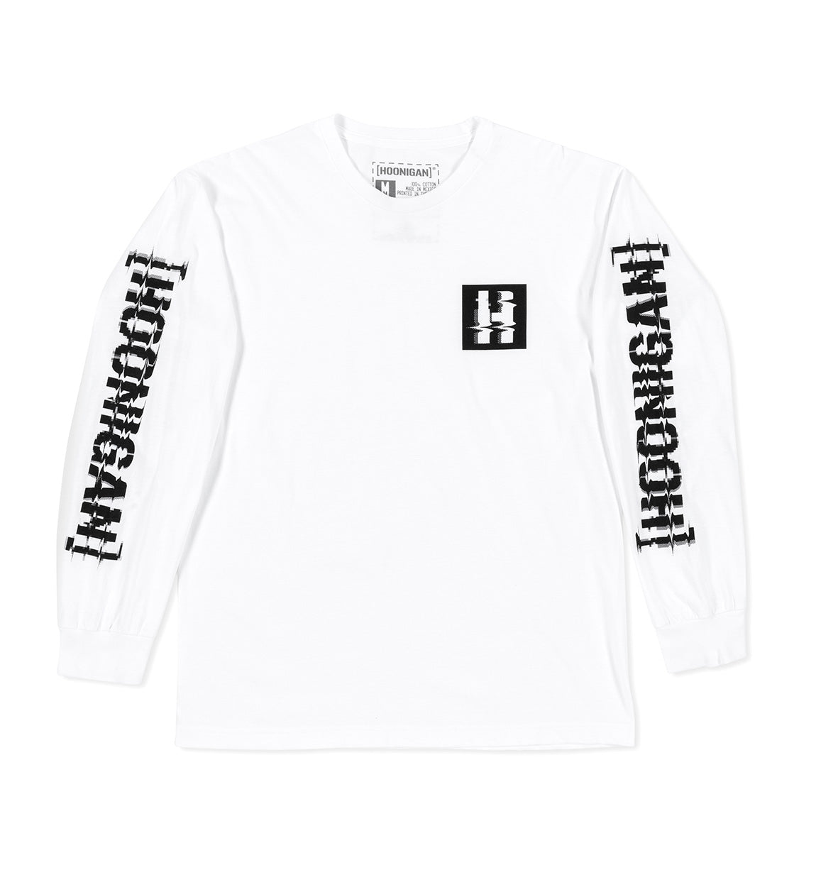 White long sleeve tee with "HURRICATION" text on sleeves and a black glitch-style logo on the chest.