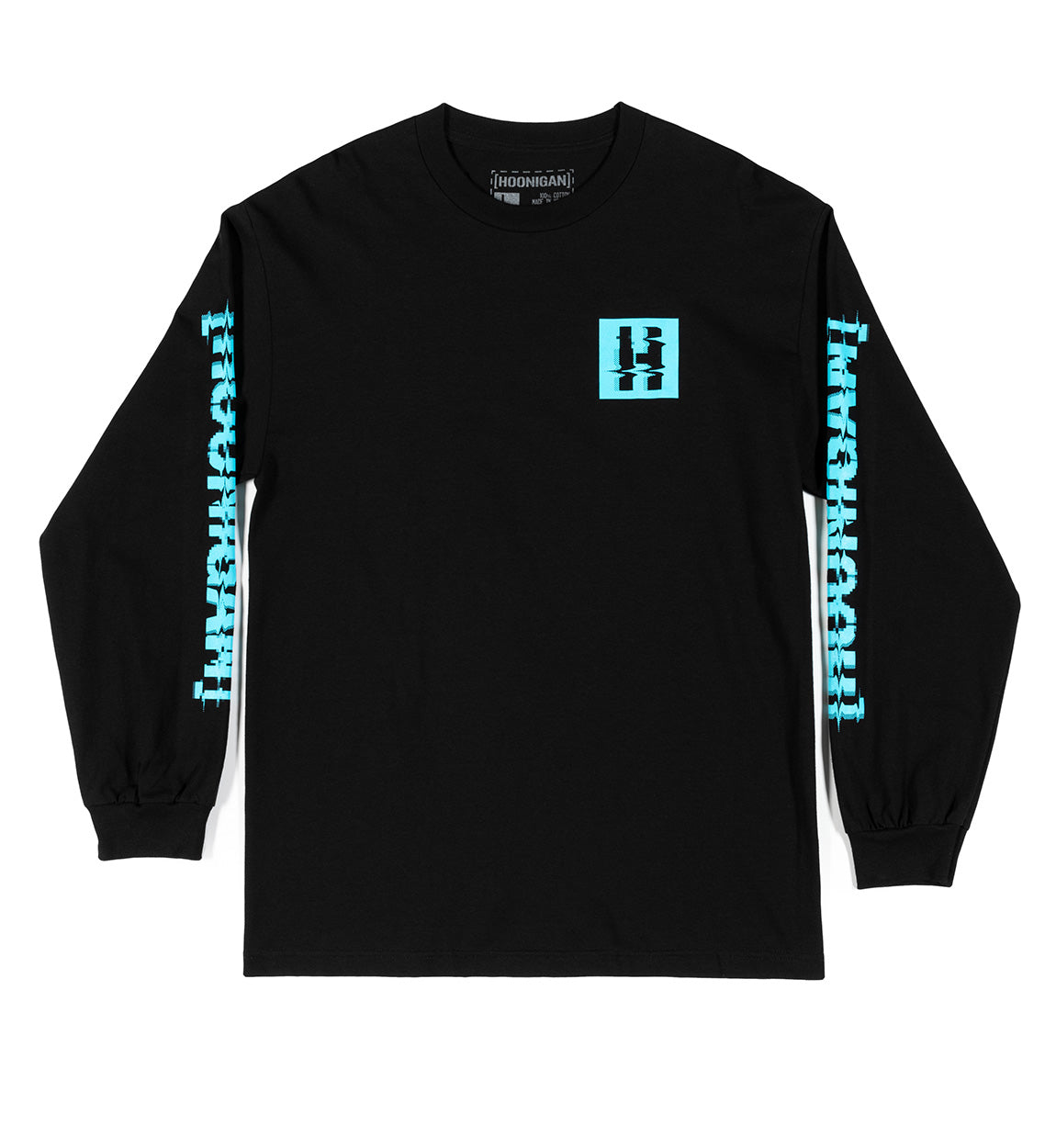 Black long sleeve tee with blue "GLITCH BRACKET" text on sleeves and a blue glitch-style logo on the chest.