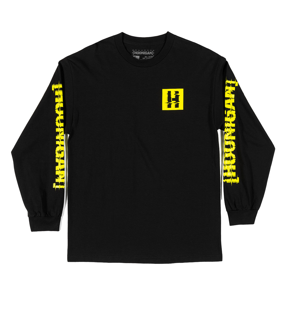 Black long sleeve tee with yellow "Glitch Bracket" graphic and text on the chest and sleeves, featuring a modern, tech-inspired design.