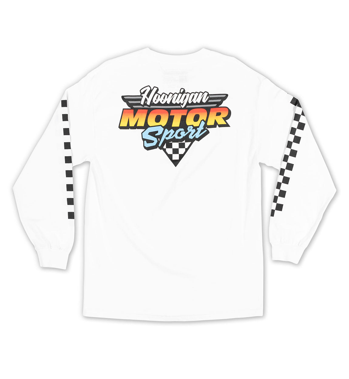 Hoonigan Motorsport white long sleeve shirt featuring a bold logo and graphic print.