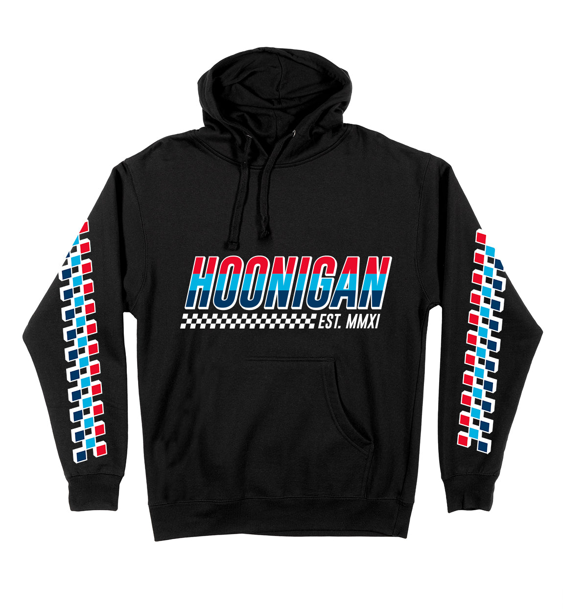 Black hoodie with "HOONIGAN" in bold blue and red text, checkered pattern, and "EST. MMXI" on the front.